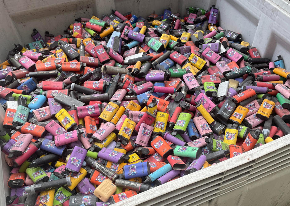 Different coloured vapes collected at a Veolia site