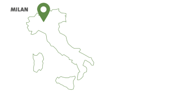 Visual showing the city of Milan on the map of Italy