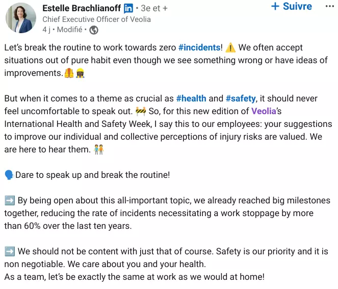 Linkedin post by Estelle Brachlianoff, CEO of Veolia, on the occasion of health and safety week
