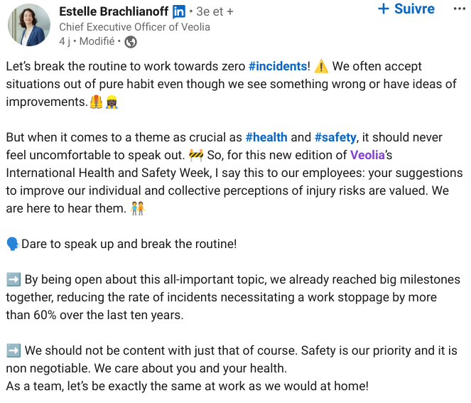 Linkedin post by Estelle Brachlianoff, CEO of Veolia, on the occasion of health and safety week