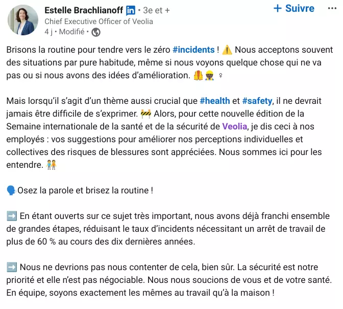 Post Linkedin d'Estelle Brachlianoff, DG de Veolia, à l'occasion de la semaine santé sécurité