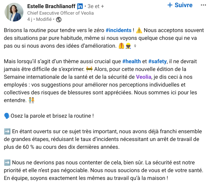 Post Linkedin d'Estelle Brachlianoff, DG de Veolia, à l'occasion de la semaine santé sécurité
