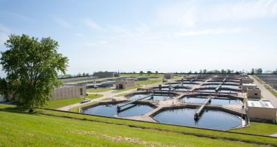 Bassins in wastewater treatment plant in the United States at Milwaukee, Wisconsin