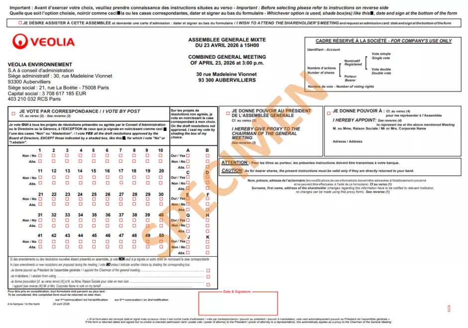 Formulaire de vote à l'assemblée générale de Veolia 2026