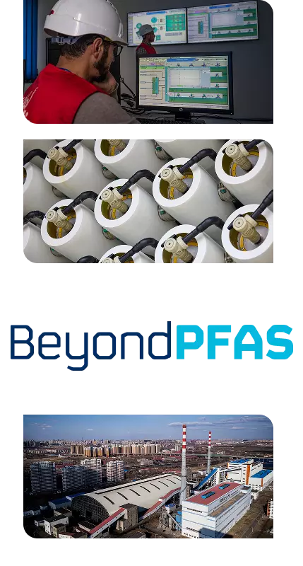 4 visuals featuring water leak detection thanks to Hubgrade, membranes, BeyondPFAS, urban heating network