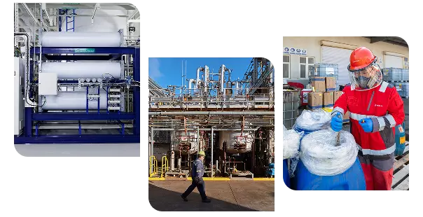 Three visuals featuring ultrapure water, solvents, and hazardous waste