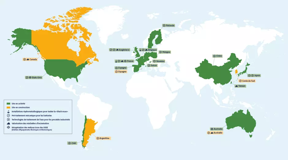 Carte des implantations des sites de recyclages des batteries des véhicules électriques Veolia