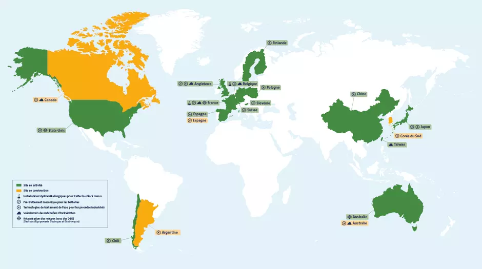Carte des implantations des sites de recyclages des batteries des véhicules électriques Veolia