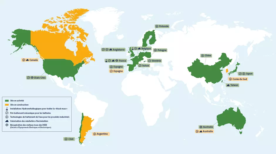 Carte des implantations des sites de recyclages des batteries des véhicules électriques Veolia