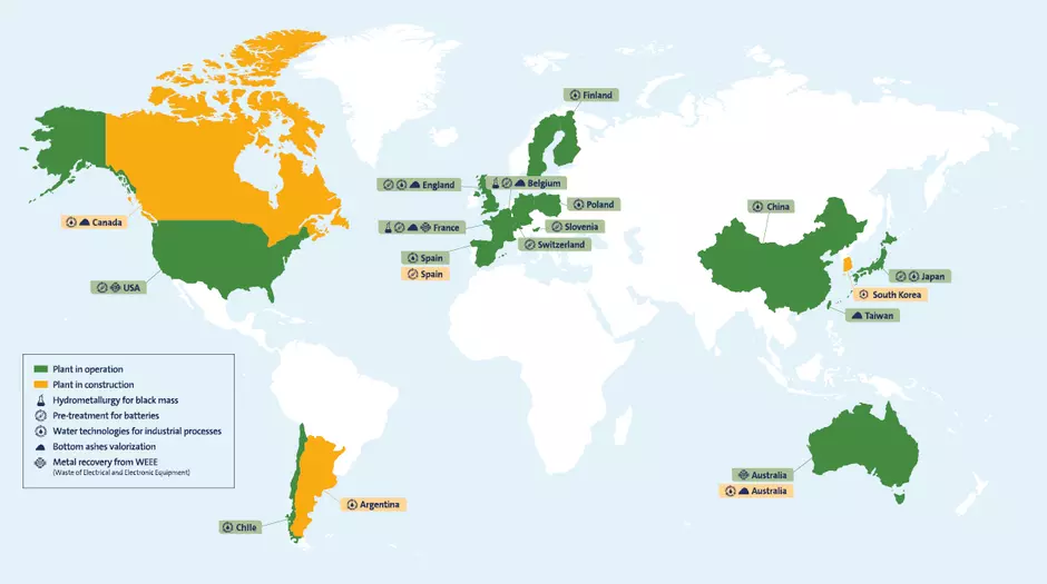 Map of the locations of Veolia electric vehicle battery recycling sites