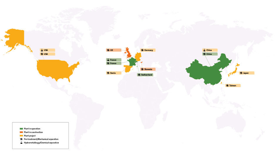 Map of the locations of Veolia electric vehicle battery recycling sites