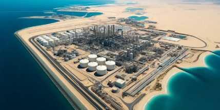 Aerial view of the Hassyan seawater desalination plant, United Arab Emirates