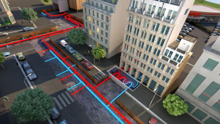 Quartier d'une ville avec les tuyaux rouges et bleus dessinés du réseaux de chaleur