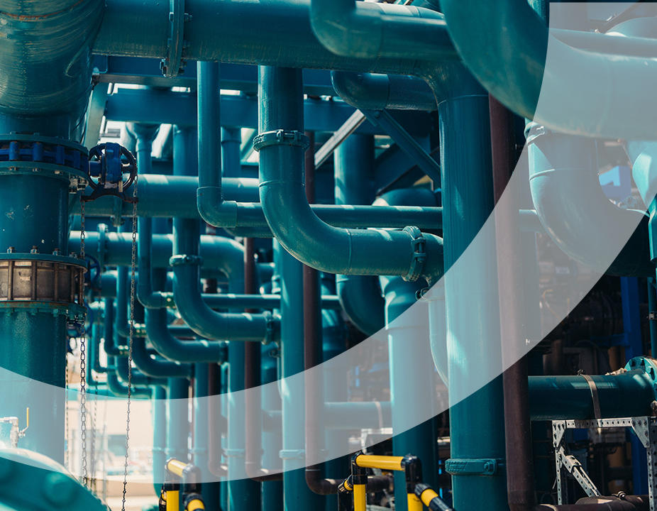 Many blue pipes at a hazardous waste treatment site
