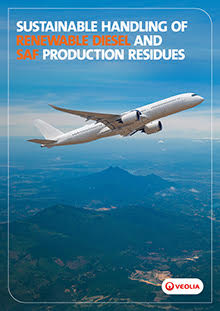 A plane in a blue sky: brochure cover: Sustainable handling of renewable diesel and SAF production residues